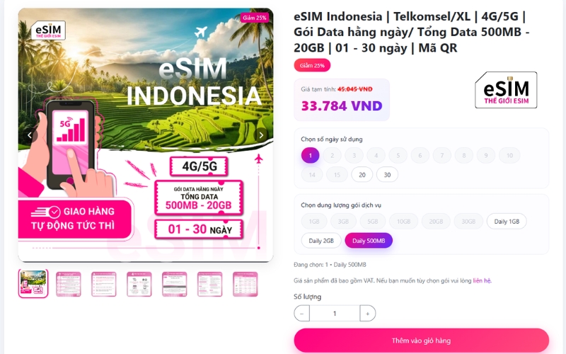 eSIM Indonesia đa dạng gói cước từ 500MB đến 20GB, đáp ứng mọi nhu cầu du lịch linh hoạt.